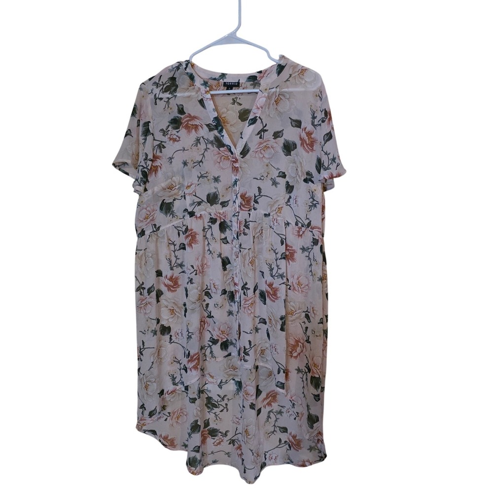Torrid Sheer Cap Sleeve Top 0x Womens Plus Size Button Front Hi Low Pink‎ Floral